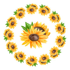Watercolor sunflower wreath. Circle flowers. High quality photo