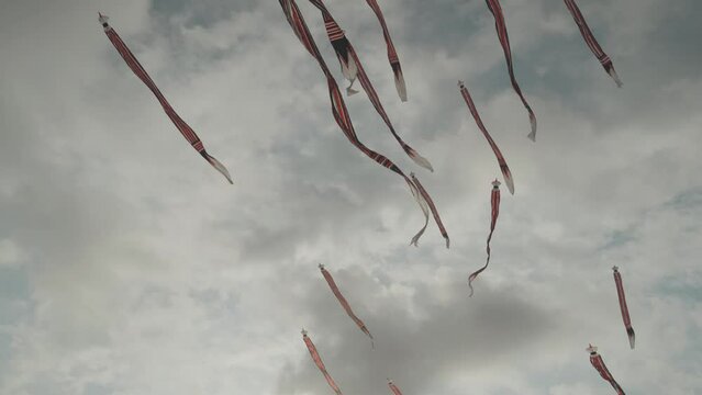 Balinese Traditional Kites JANGGAN (Red White Black Long Tail Bird Dragon) on Bali Kite Festival Summer Blue Sky Slow Motion