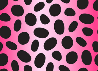Dalmatian pink seamless pattern. Black uneven spots animal print. Abstract background with black circles. Vector background. Vector illustration. 