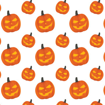 Happy Halloween Pumpkin with Carved Faces Decorations seamless pattern design on white background Design of flyers, tiles, clothes and wrapping paper.