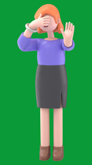 Green Screen Mock-up. Format 16:9.3D illustration of smiling businesswoman Ellen is expressing refusal, says STOP with the gesture, expresses protest and disagreement on Green Screen for footage and c