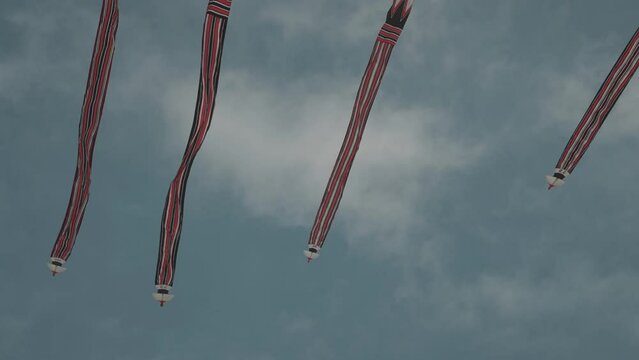 Balinese Traditional Kites JANGGAN (Red White Black Long Tail Bird Dragon) on Bali Kite Festival Summer Blue Sky Slow Motion