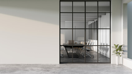 Modern minimal white office corridor or hallway interior with a large window though the meeting room - Powered by Adobe