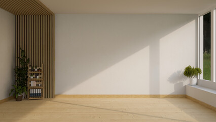 Minimal empty room in white and wood interior style decorated with wood shelf, indoor plants