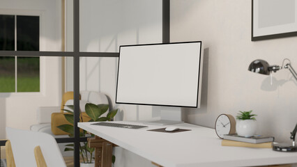 Modern white home working space interior design with computer mockup on white table over white wall