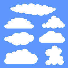 Set of white clouds isolated on a blue background. Vector illustration.