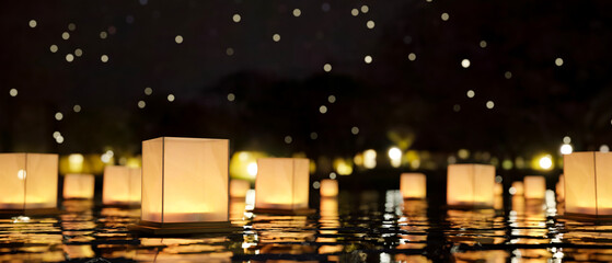 A group of lantern floating on the lake at night. Loy Krathong Festival, Chinese paper floating lanterns © bongkarn