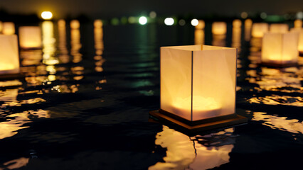 A lantern floating on the lake at night. Memorial Day Lantern Festival. close-up image.