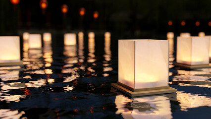 A beautiful lantern on the water at night. Loy Krathong Festival, Chinese paper lanterns. © bongkarn