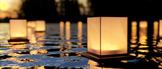 A beautiful lantern floating on the river at night. Chinese paper lanterns.