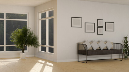 Modern contemporary home living room interior with sofa, plants and frames mockup on white wall.
