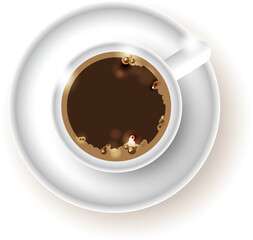 Hot coffee in a white porcelain mug. Top view. png file.