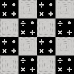 Math and geometry on square grid. vector seamless pattern. Get creative with math symbols, plus, multiply and divide on blackground. And crossed squares, flat design vector illustration