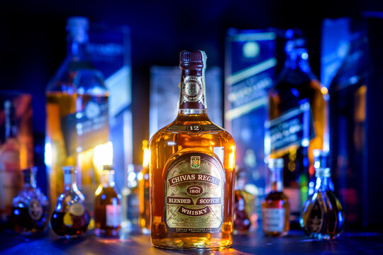 Bangkok Thailand - Aug 17, 2022 : Bottle of Chivas Regal 12, a blended Scotch whisky made from whiskies matured for at least 12 years, produced by Chivas Brothers in Keith, Scotland