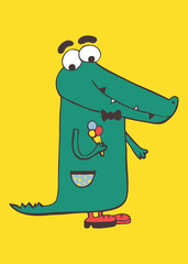   Digital children hand drawn jpg illustration 
of funny cartoon crocodile with ice cream on 
yellow background. Vertical template for 
textile print