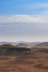 Fototapeta na wymiar Desert landscape in Egypt. Camels on the background of a rocky desert.