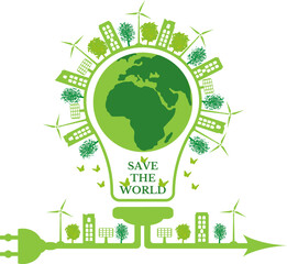 Concept of planet earth with green city, green trees and renewable energy sources. Planet earth inside lightbulb. Environment conservation. Earth day. Go green. Vector illustration.