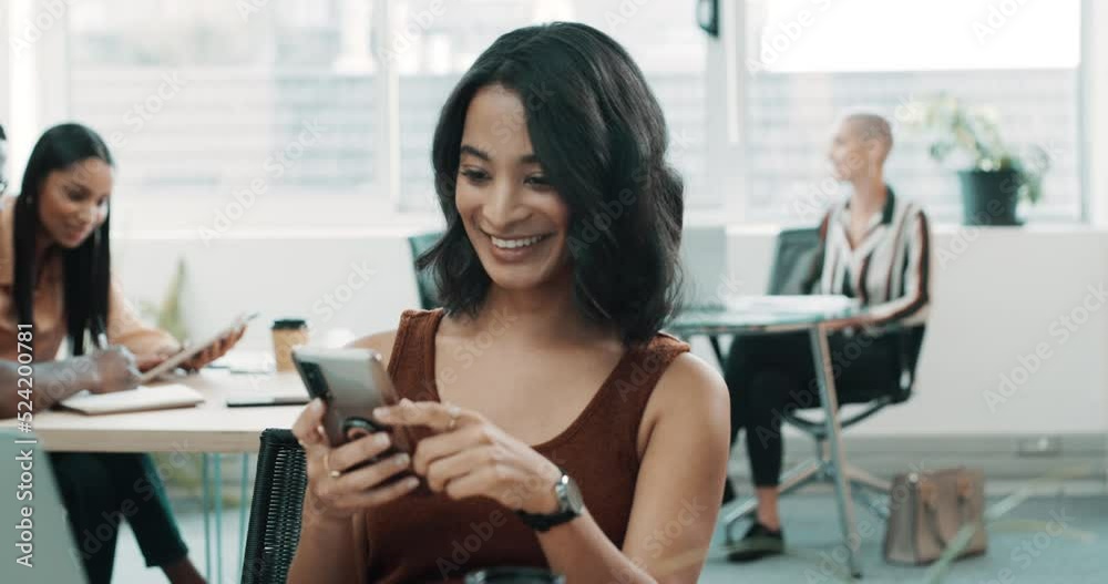 Poster happy, smiling and laughing business woman texting on a phone at work in a modern office. young attr