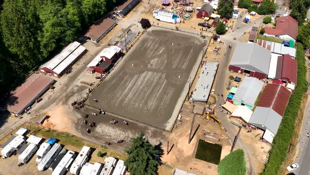 Aerial view of horse warming up to compete in the county rodeo.