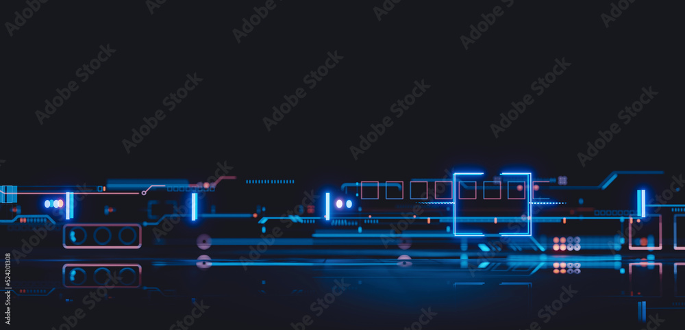 Poster 3D Rendering of abstract digital sci fi techno circuit node with depth of field effect. Dots, lines and geometry shapes. For technology product, ai, crypto, binary, machine learning background