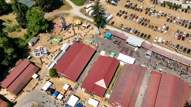 Wide aerial view of the Langley fairgrounds on a hot summer day.