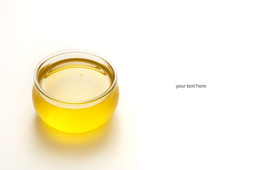 bowl of ghee on white background. space for text
