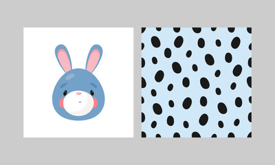 Vector print with cute rabbit and seamless pattern with specks. Cartoon style. For greeting card, posters, banners, the card, printing on the pack, printing on clothes, fabric, wallpaper.