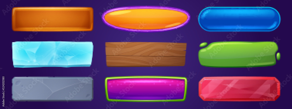 Wall mural web and game menu buttons with wooden, ice, stone, glass and crystal textures. vector cartoon set of