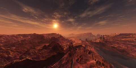 Martian landscape, sunset on Mars, Mars at sunrise, panorama of Mars, the face of Mars, 3D rendering