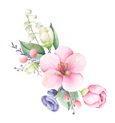 Floral bunches. Watercolor style wedding bouquets. Romantic floral hand drawn illustration.