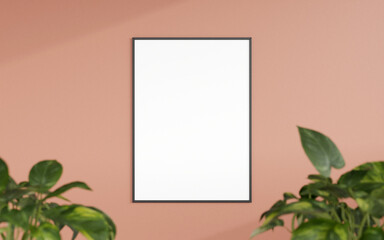 Clean and minimalist front view vertical black photo or poster frame mockup hanging on the wall with blurry plant. 3d rendering.