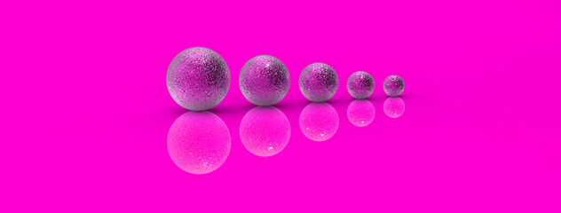Five balls of metal of different sizes of pink color on pink background. Growth of something. Progress. Reflection. Horizontal image. Banner for insertion into site. 3D image. 3D rendering.