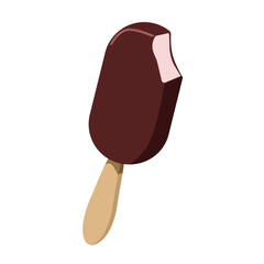 Chocolate, delicious popsicle ice cream, bitten off, isolated on a white background.Vector illustration of dessert can be used in restaurant menus, textiles, postcards.