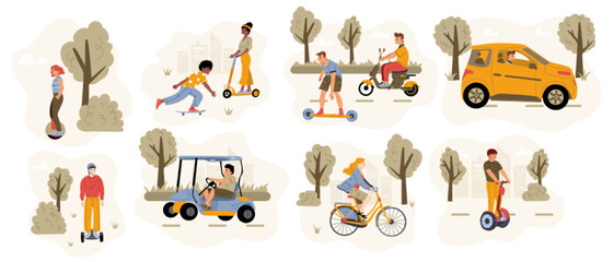 People drive different eco transport on city street and in park. Vector flat illustration of persons riding on bicycle, electric car, scooter, skateboard, monowheel and hoverboard © klyaksun