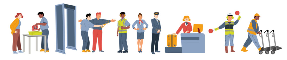 Airport staff, airline crew with pilot and stewardess, security and landing workers. Vector flat illustration of aviation service employees in uniform isolated on white background - obrazy, fototapety, plakaty