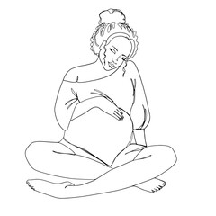 Oneline vector sitting pregnant woman. Hand drawn black outline pregnant pretty curly hair girl. Trendy black and white illustration designed for a greeting cards, invitations, T-Shirt, baby shower.