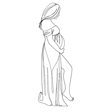 recommend clip art: Oneline vector pregnant woman. Hand drawn black outline of standing pregnant girl in dress. Trendy black and white illustration designed for a greeting cards, invitations, T-Shirt, baby shower.