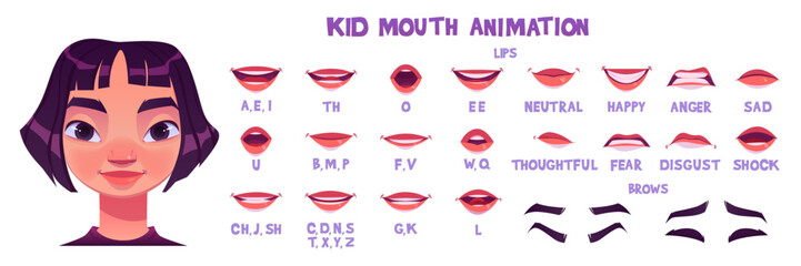 Asian girl mouth animation sprite sheet. Child lips poses in pronunciation different english phoneme and different emotions. Vector cartoon set of kid brows and mouth movement