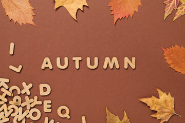 Word Autumn, letters and leaves on brown background
