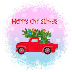 Red pickup truck with Christmas tree. New year illustration, Merry Christmas.