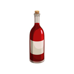 Wine bottle isolated vector icon, glass flask with red liquid, empty label and corkwood bung on white background. Alcohol drink cartoon element for design