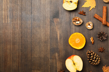 Concept of Autumn, Autumn composition accessories on wooden background