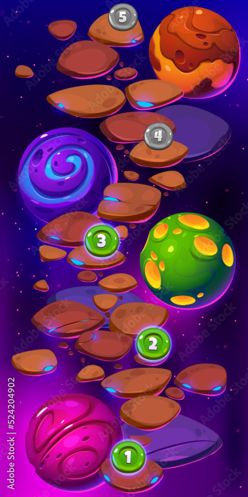 Sticker game ui level map with space planets, rocks, path and numbers. cartoon 2d fantasy galaxy, universe t