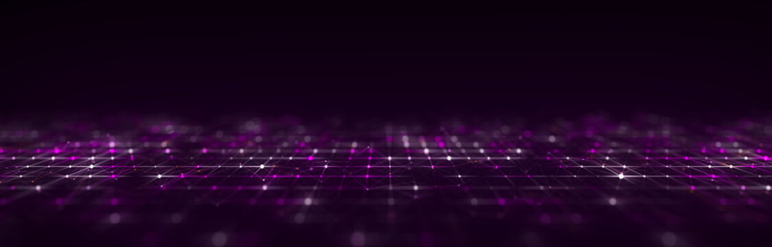 Futuristic perspective grid in digital cyberspace. Flow of binary code. Network connection structure. 3D rendering.