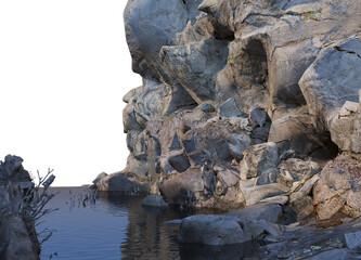 The stream flows through rocky cliffs with a transparent background.