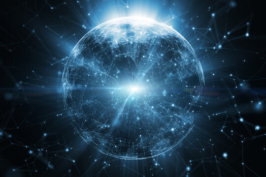 Digital glow sphere technology cyberspace network. Copy space illustration background.