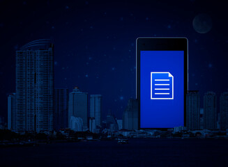 Document flat icon on modern smart phone screen over office city tower, river and fantasy night sky, Technology communication online concept