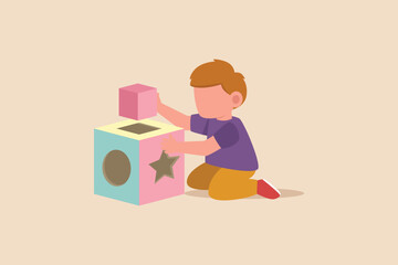 Happy little boy playing cube puzzle. kindergarten activity concept. Flat vector illustration isolated.