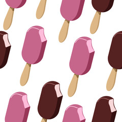 Seamless pattern of pink,strawberry,glazed ice cream and chocolate popsicle on sticks on a white background.Vector pattern can be used in textiles, paper.