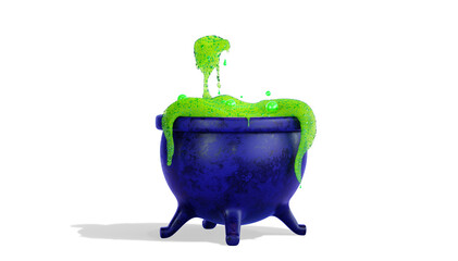 Witch's cauldron with green liquid, isolated on a white background, 3d render.  Magic pot with bubbling liquid, Transparent background, PNG file